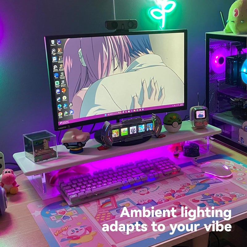 ROCDEER Bamboo Monitor Stand Riser with RGB Lights,31.5 Inches Desktop Shelf with Acrylic Legs Supports for Desk, PC Computer Monitor, Laptops, Printer, Speakers (White) - Image 4